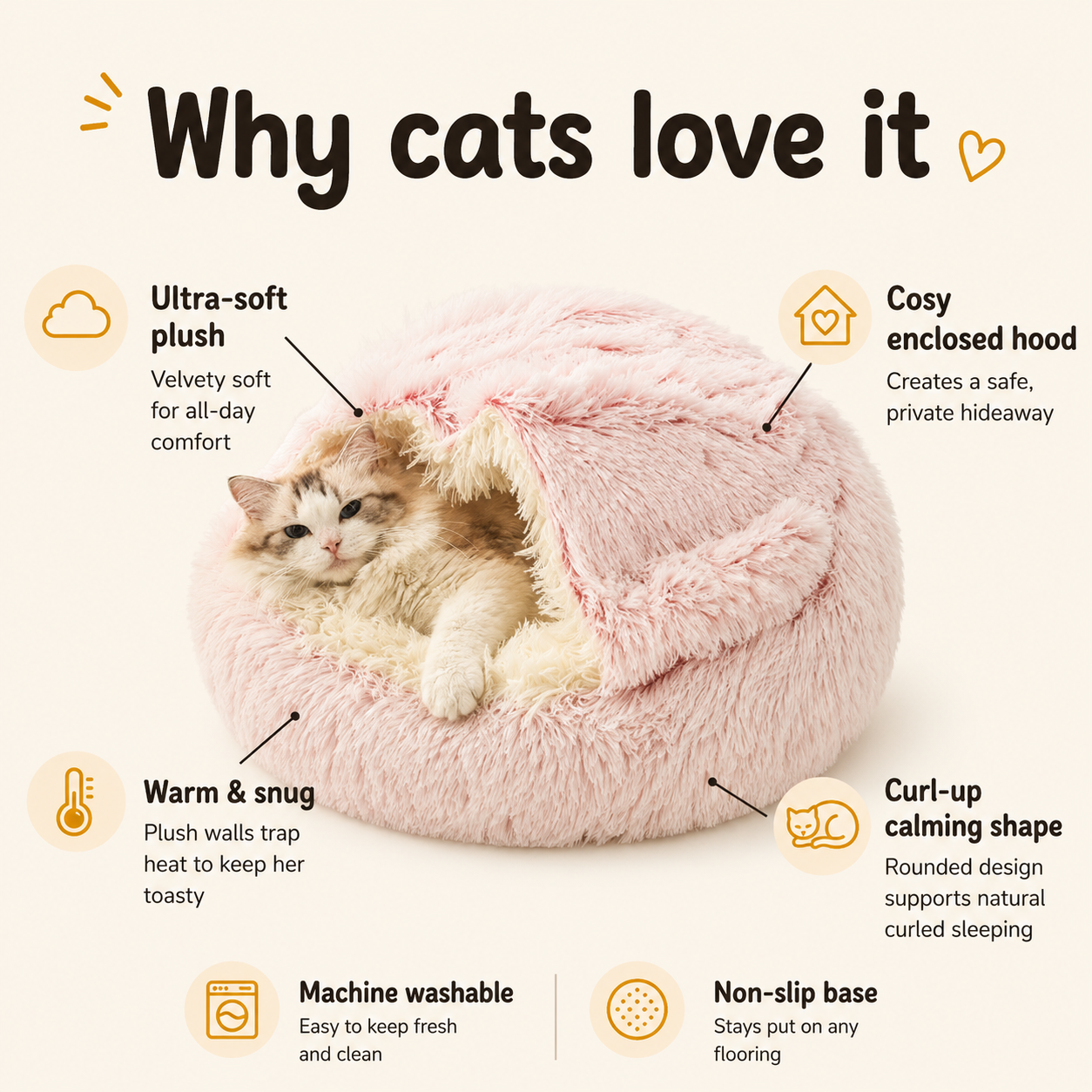 SnugDen 2-in-1 Calming Cat Cave Bed