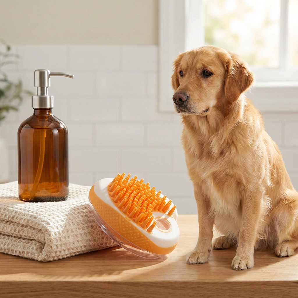 2-in-1 silicone pet bath brush in a calm home bath setup