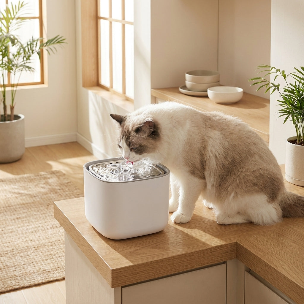 Cat drinking from Flow Fountain water fountain