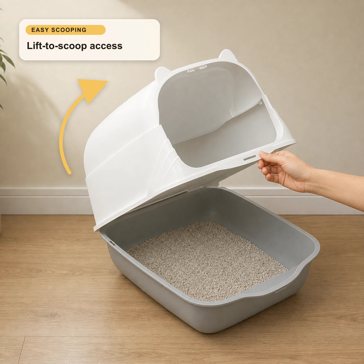 Removable litter box hood lifted to 90 degrees above the grey tray, demonstrating access for daily scooping and hand cleaning.