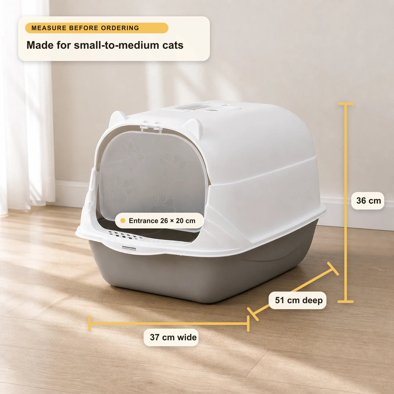 Dimension guide for the enclosed cat litter box: 51 cm deep, 37 cm wide and 36 cm high, with a 26 by 20 cm entrance.