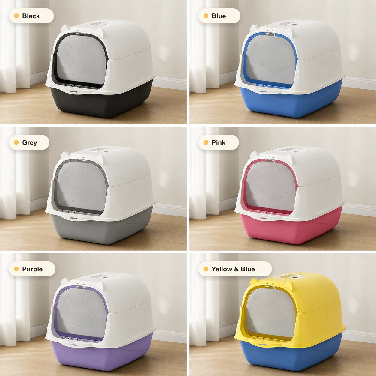 Six colour options for the enclosed cat litter box: black, blue, grey, pink, purple, and yellow with a blue base.