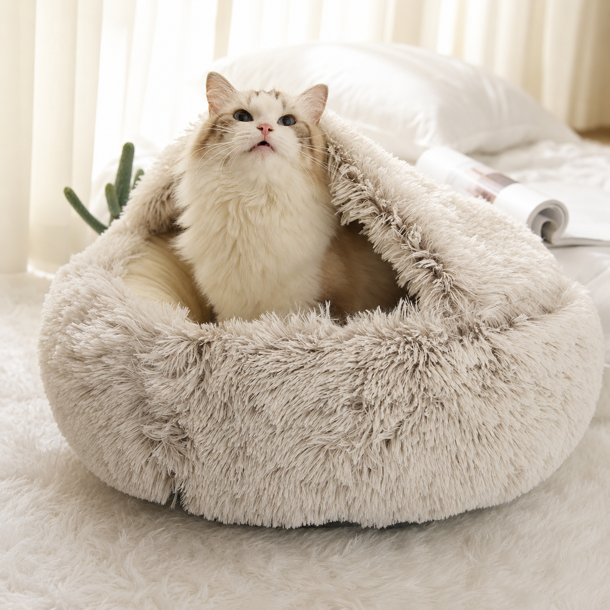 SnugDen 2-in-1 Calming Cat Cave Bed