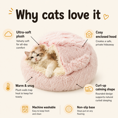 SnugDen 2-in-1 Calming Cat Cave Bed