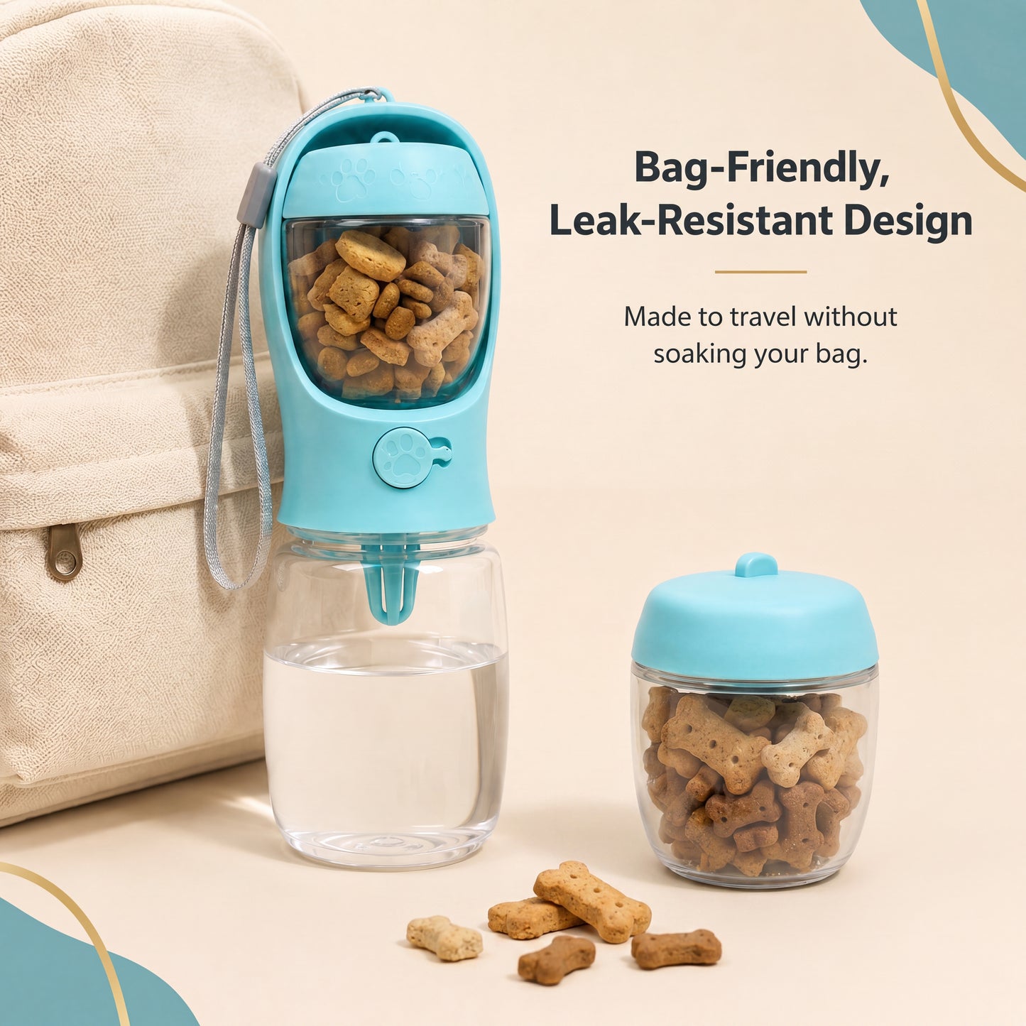Close-up of dry dog treats stored in the FurrVenience travel bottle treat compartment