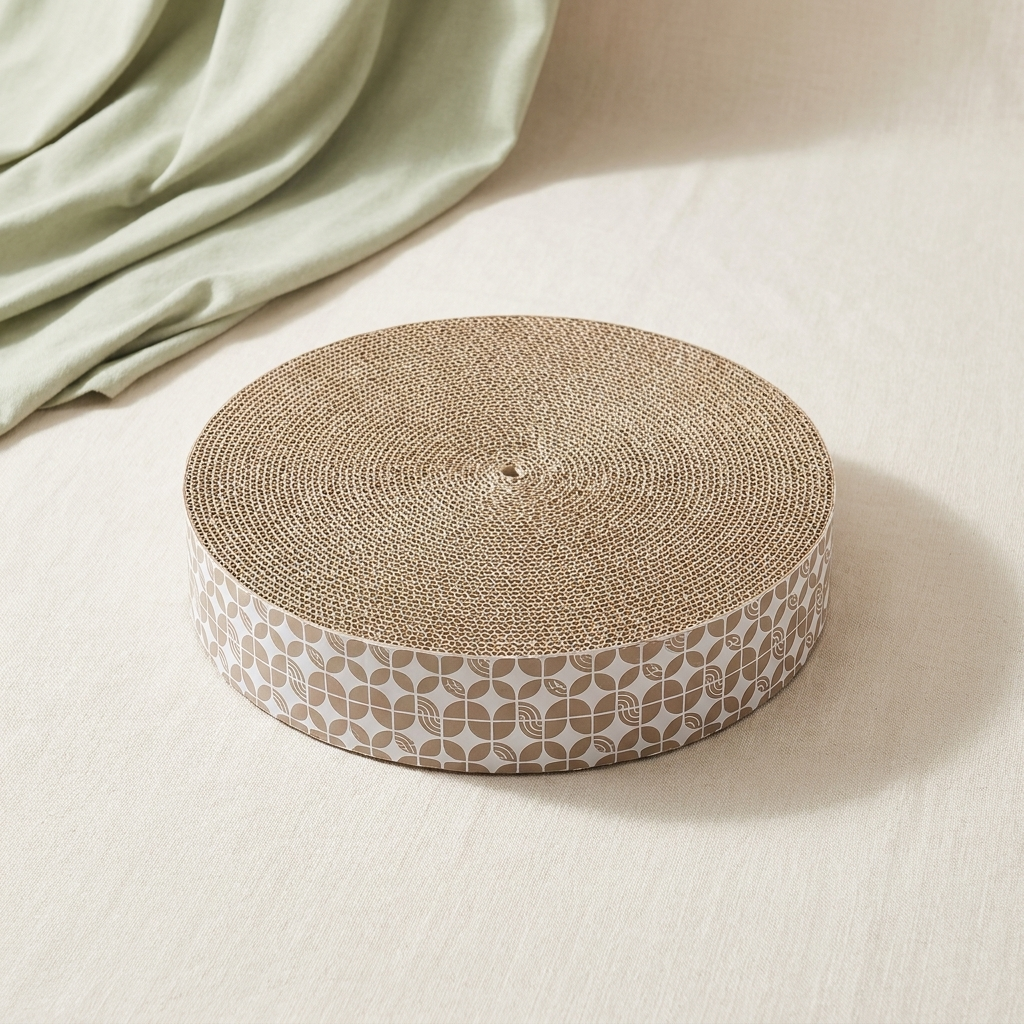 Circular corrugated cat scratching board on a clean neutral background