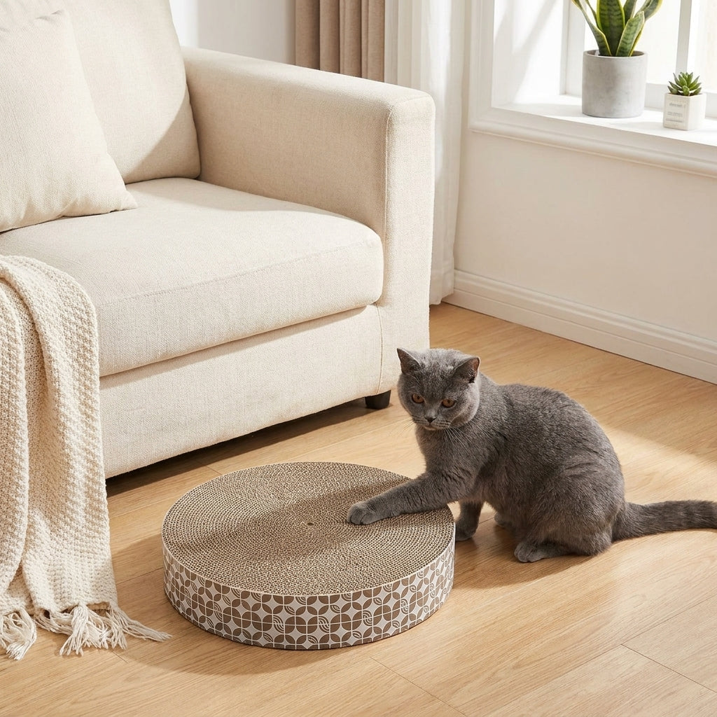 Cat using a circular corrugated scratching board near a sofa