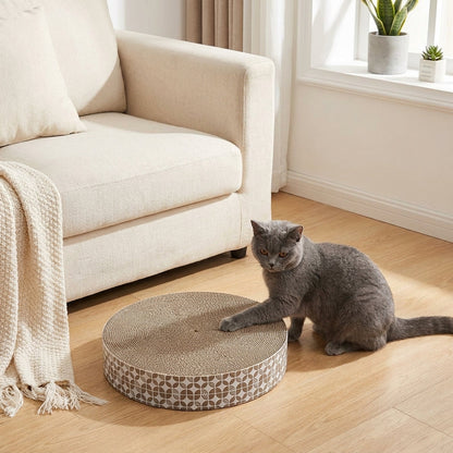 Cat using a circular corrugated scratching board near a sofa