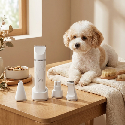 Multi-head cordless pet grooming kit in a calm home grooming setup
