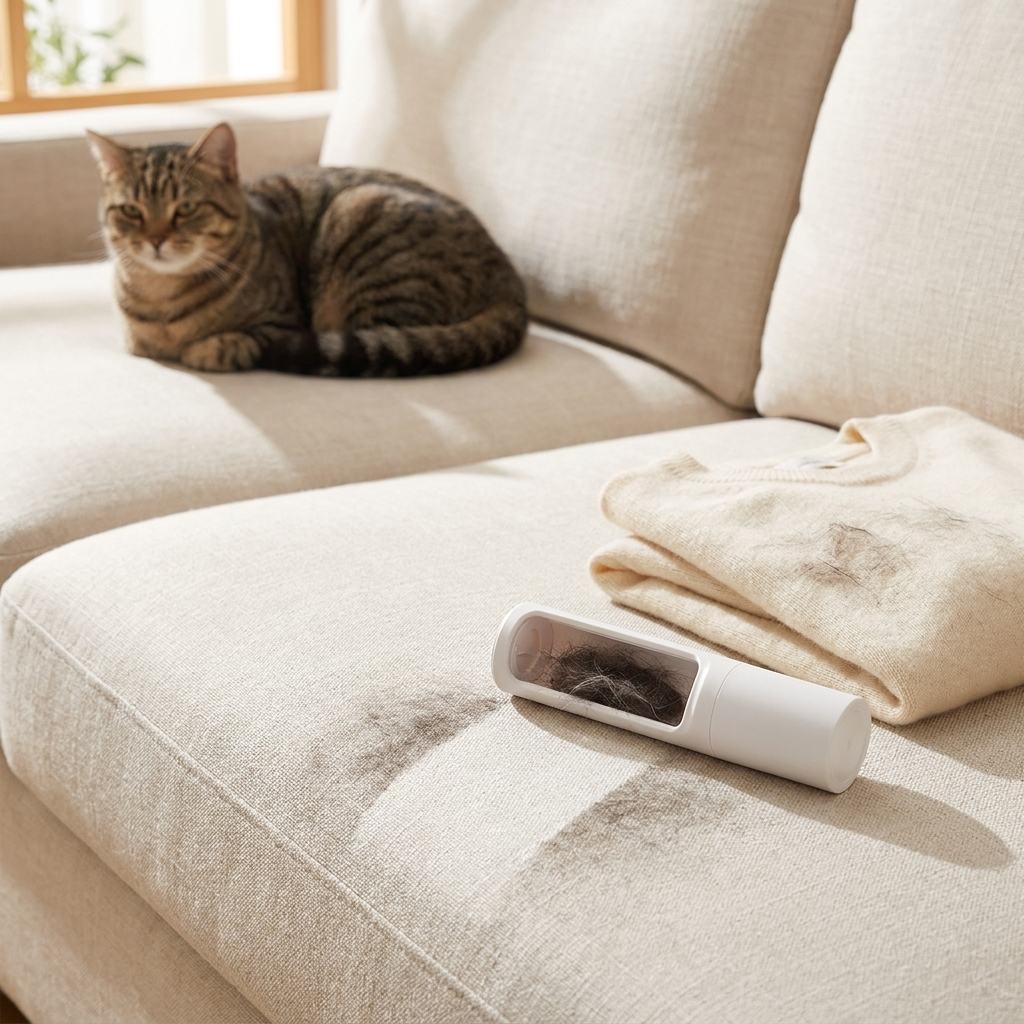 Reusable pet hair remover on a sofa with pet hair