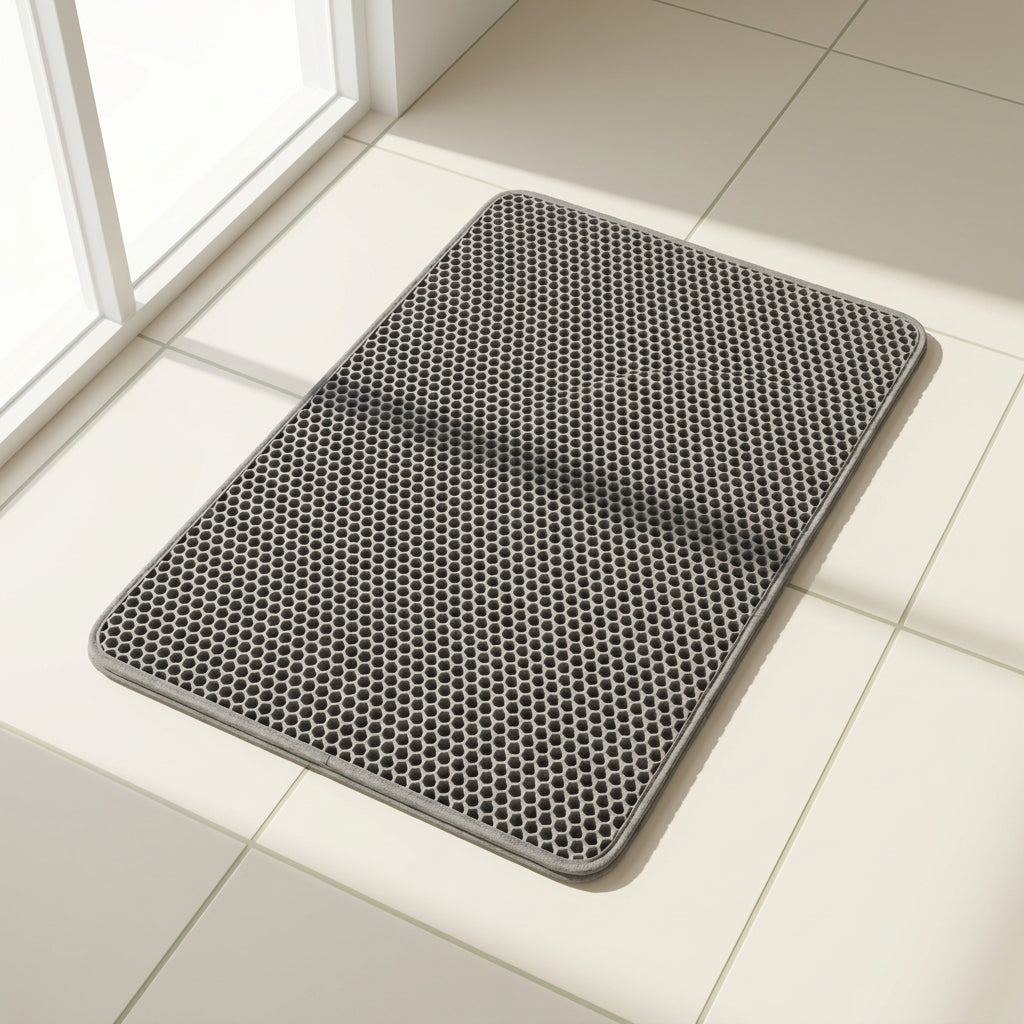 Grey honeycomb cat litter mat on a clean floor