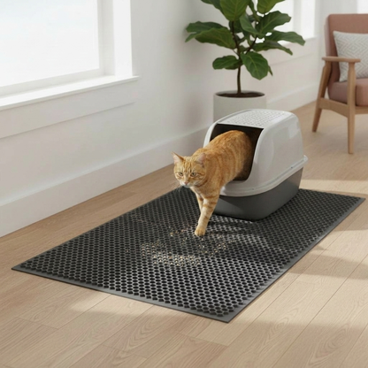 Honeycomb cat litter mat in front of a clean litter box