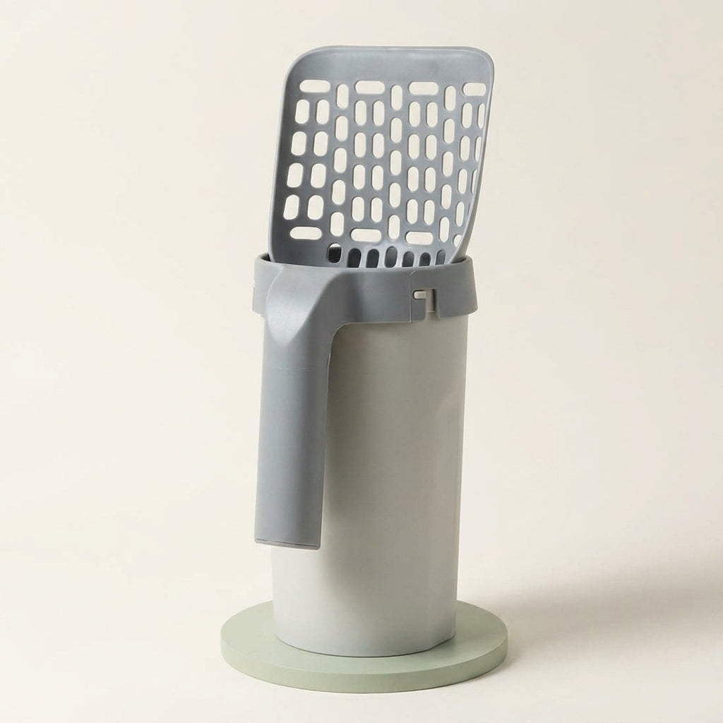 Lazy Cat Litter Scoop and storage box on a clean neutral background