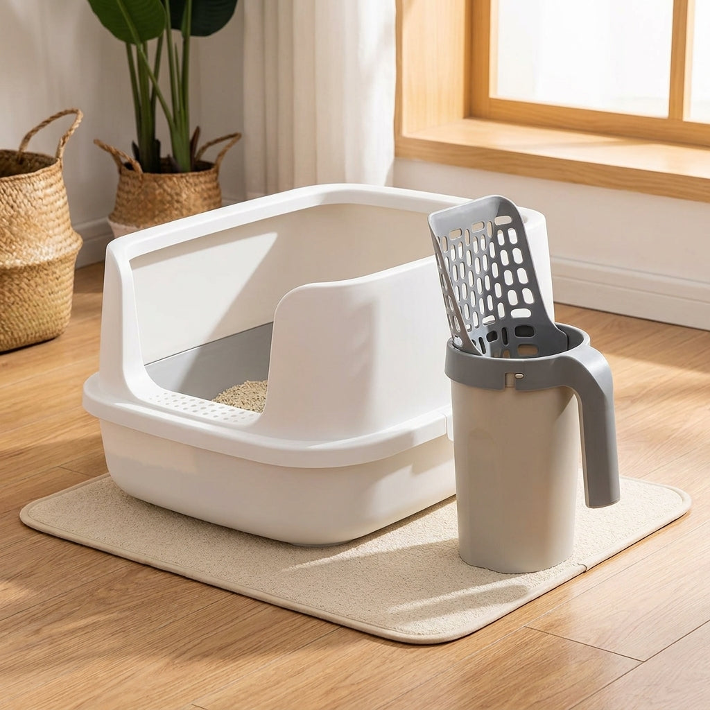 Lazy Cat Litter Scoop and storage box beside a clean litter station