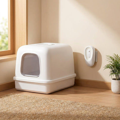 Smart Cat Litter Odour Purifier beside a clean enclosed litter box