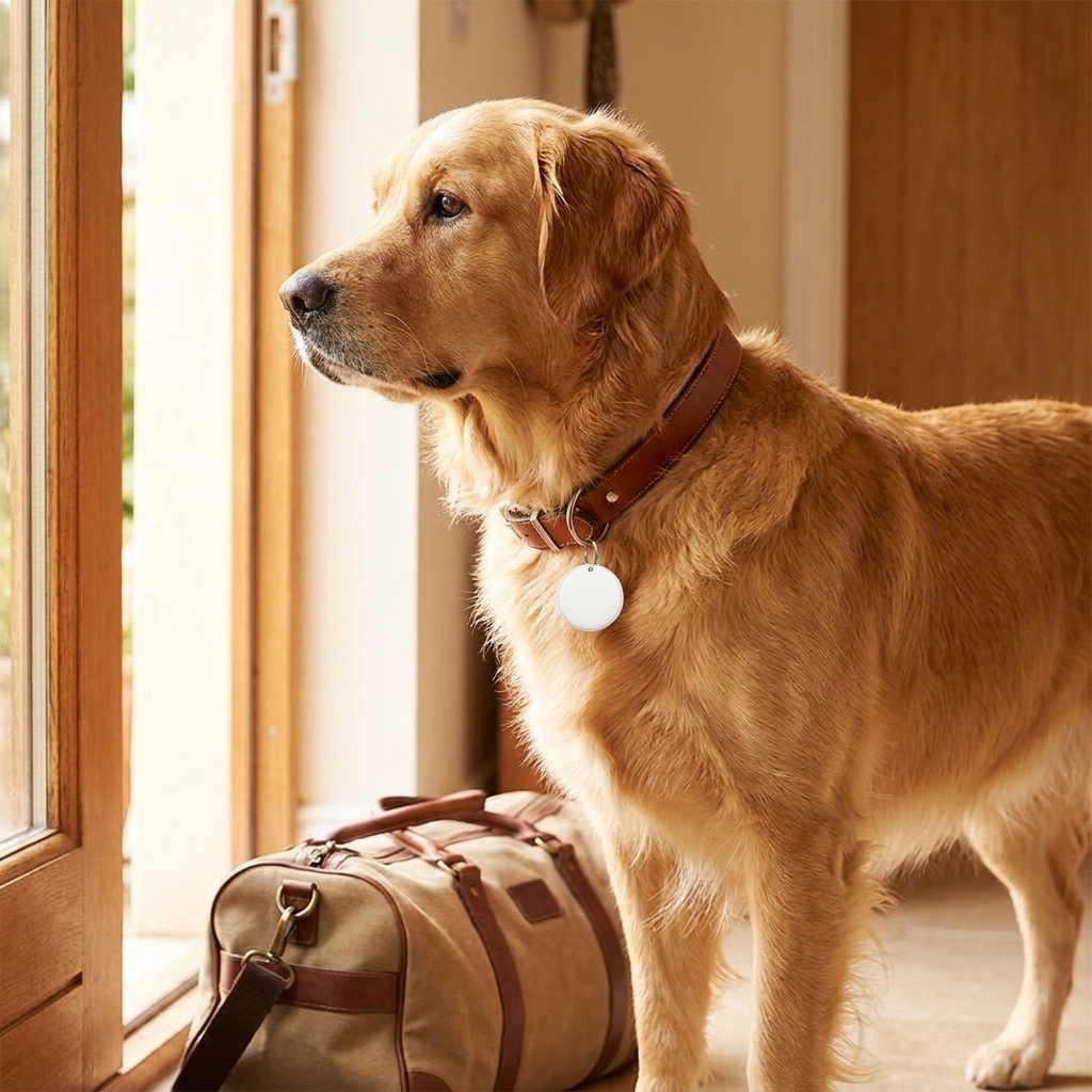 Smart pet tracker tag attached to a dog collar