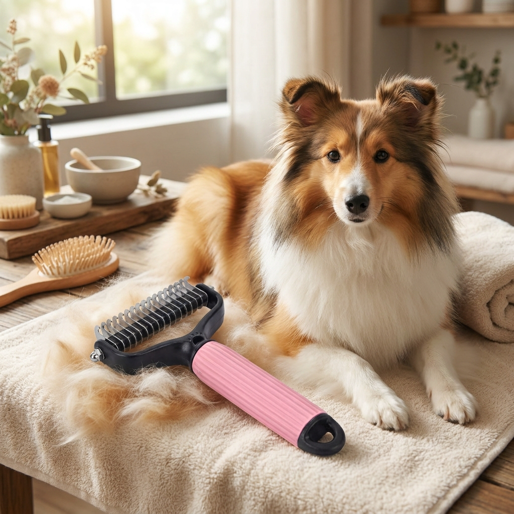 Dematting undercoat rake in a calm home grooming setup