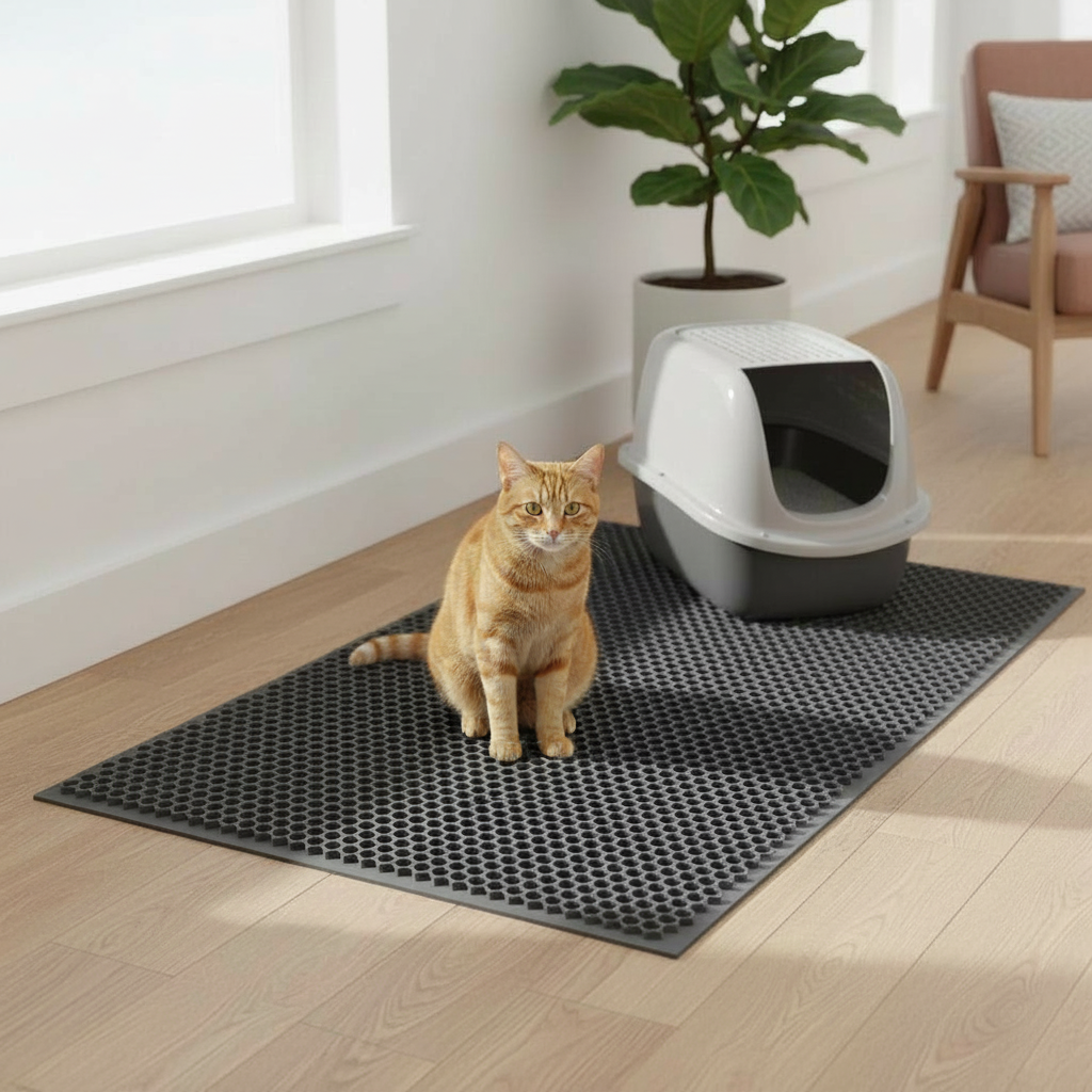 Grey honeycomb cat litter mat under enclosed litter box
