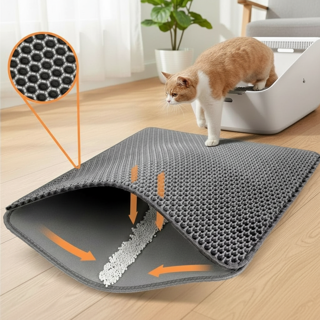 Close up of double-layer honeycomb cat litter mat catching litter