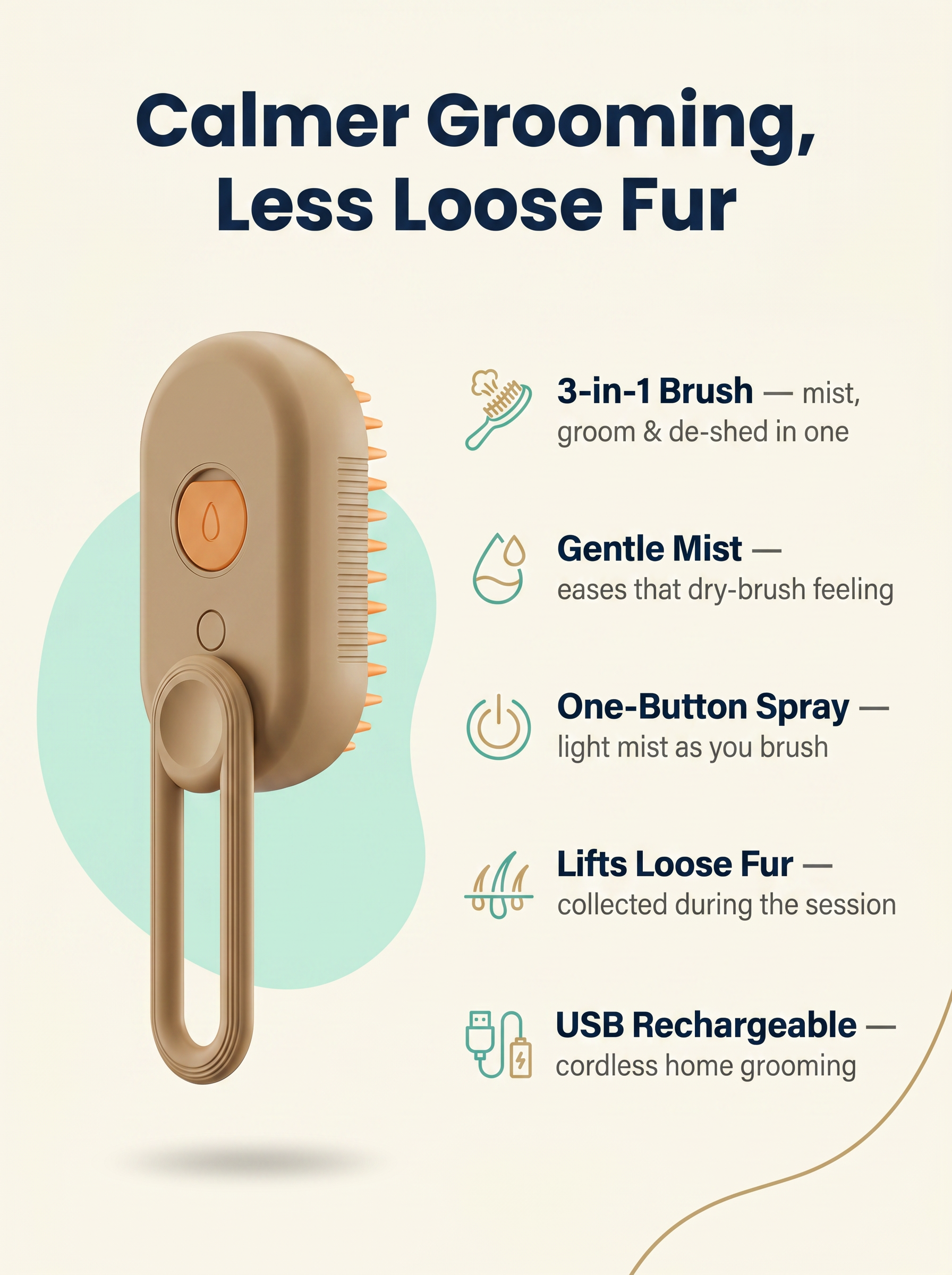 3-in-1 Electric Steamy Spray Pet Brush feature graphic: calmer grooming, less loose fur