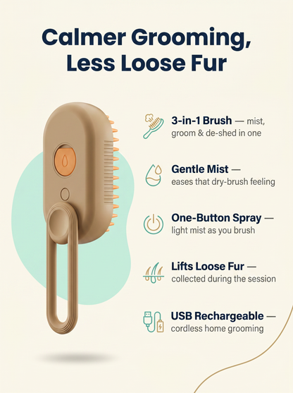 3-in-1 Electric Steamy Spray Pet Brush feature graphic: calmer grooming, less loose fur