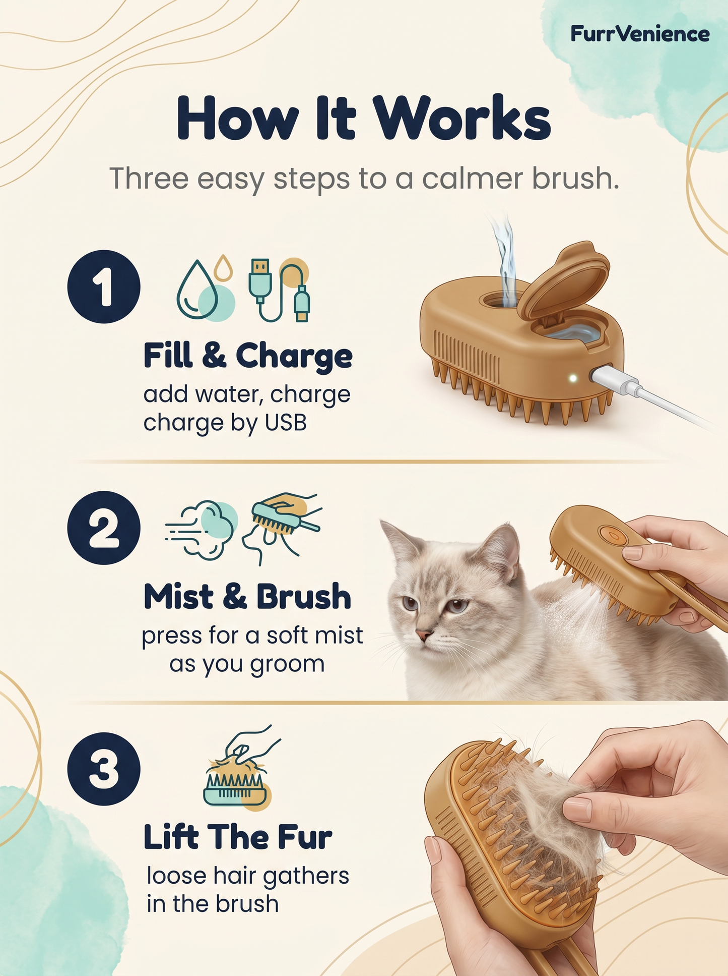 How the 3-in-1 Electric Steamy Spray Pet Brush works